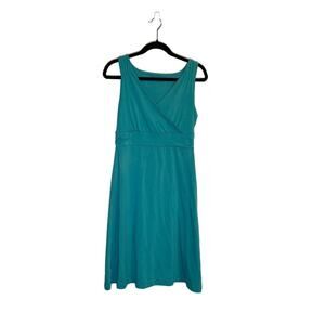 Eddie Bauer Women's Blue Solid Sleeveless V-Neck Mini Warp Dress Size Small